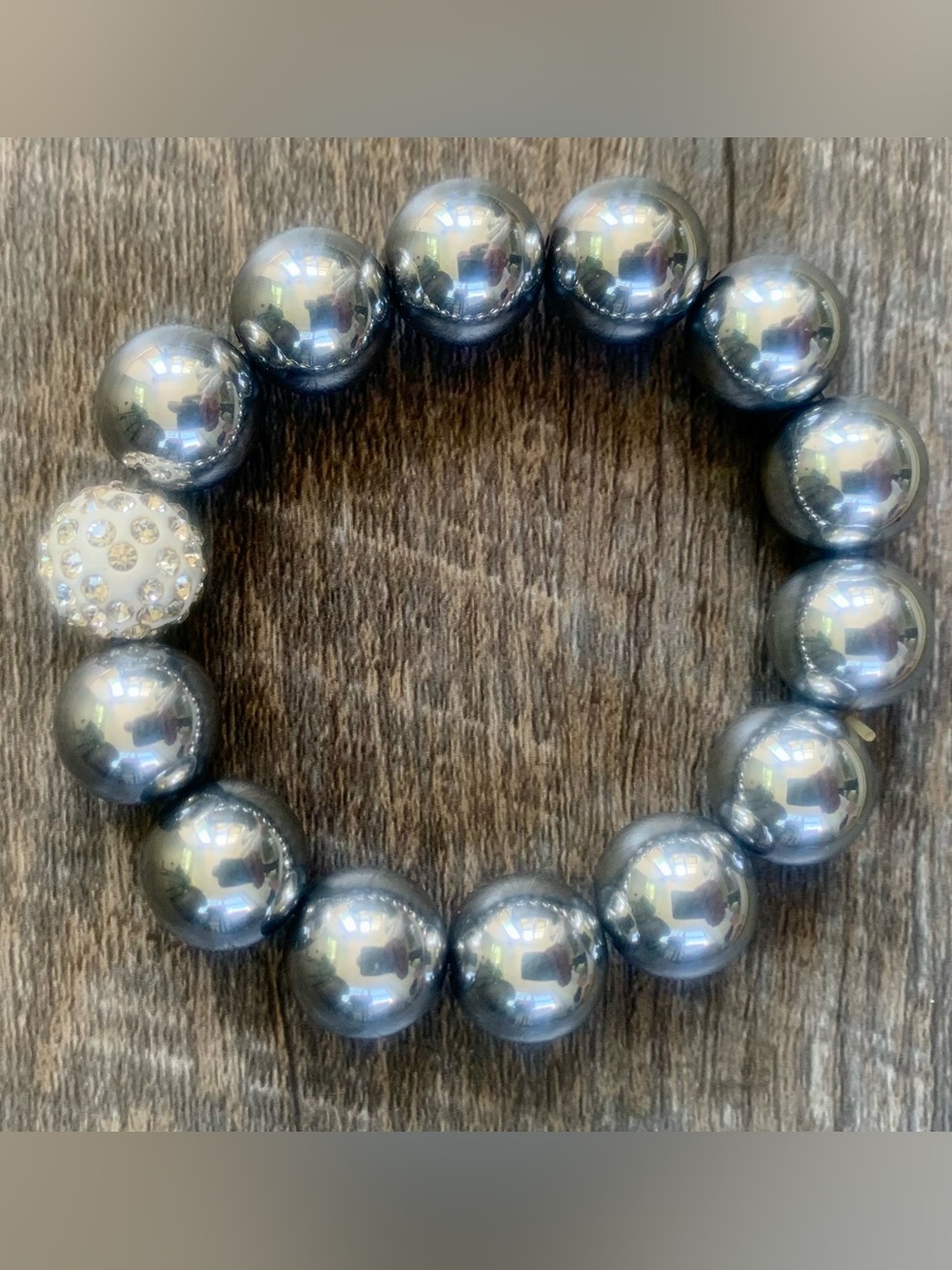 Hematite Beaded Stretch Bracelet with Rhinestone Accent